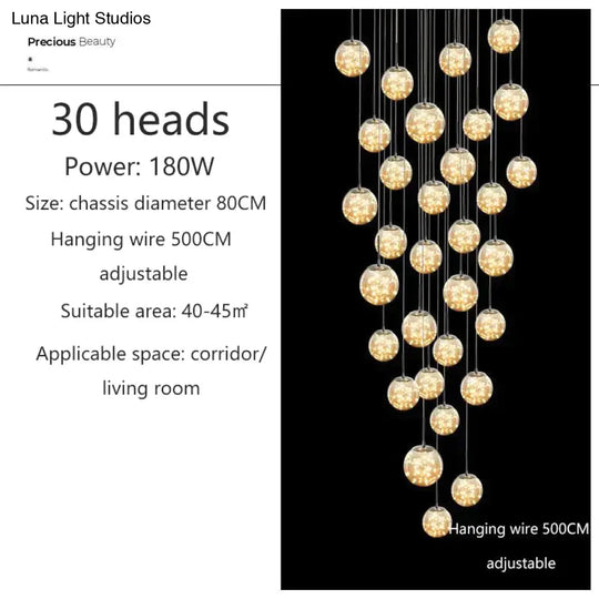 Raloo - Modern Led Glass Ball Chandelier 30 Heads / Transparent Glass Cold White
