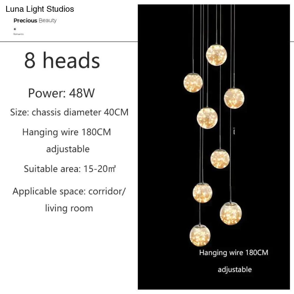 Raloo - Modern Led Glass Ball Chandelier 8 Heads / Transparent Glass Cold White