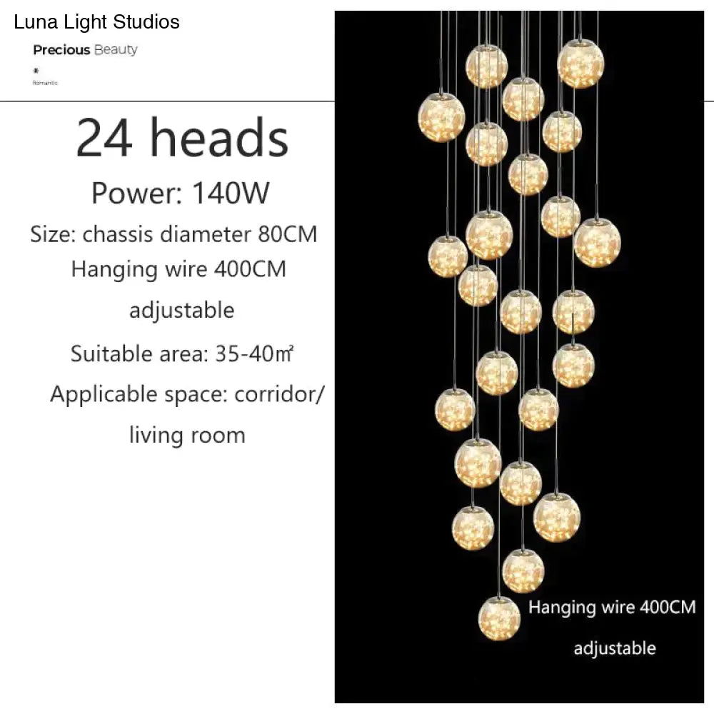 Raloo - Modern Led Glass Ball Chandelier 24 Heads / Transparent Glass Cold White