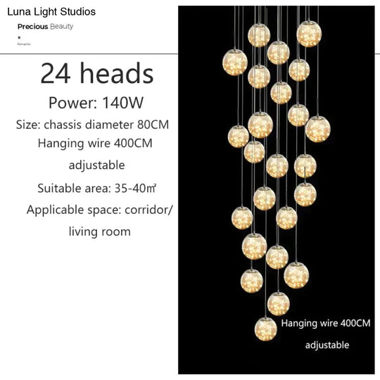 Raloo - Modern Led Glass Ball Chandelier 24 Heads / Transparent Glass Cold White