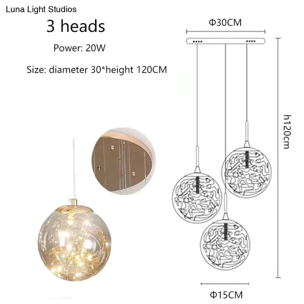 Raloo - Modern Led Glass Ball Chandelier 3 Heads / Transparent Glass Cold White