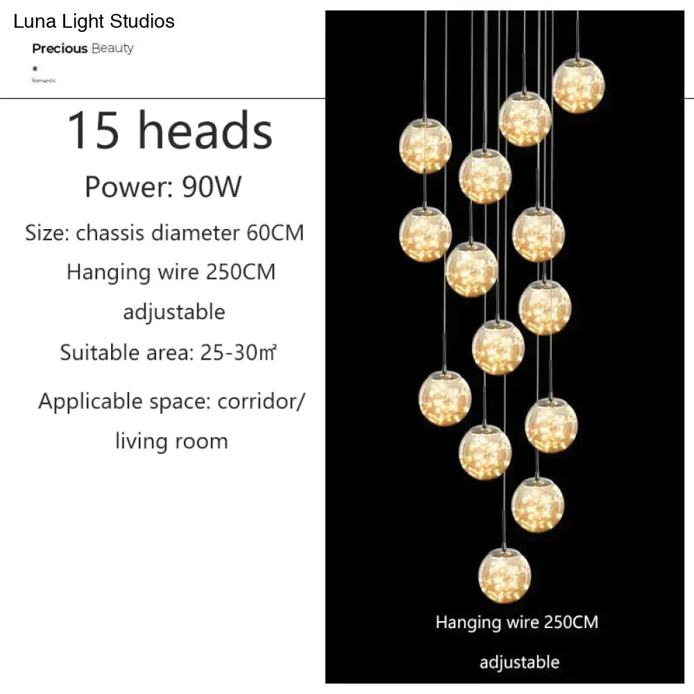 Raloo - Modern Led Glass Ball Chandelier 15 Heads / Transparent Glass Cold White