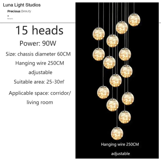 Raloo - Modern Led Glass Ball Chandelier 15 Heads / Transparent Glass Cold White
