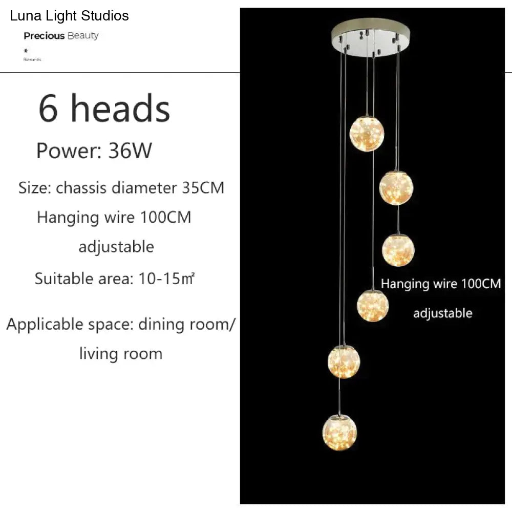 Raloo - Modern Led Glass Ball Chandelier 6 Heads / Transparent Glass Cold White