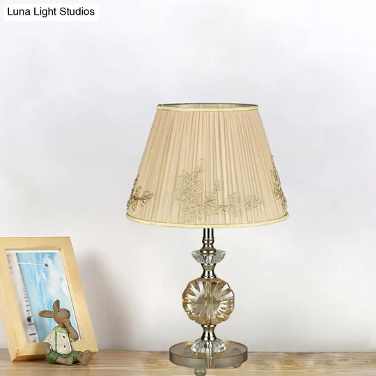 Modern Beige Cone Night Lamp With Flower Design And Fabric Shade - Bedroom Desk Lighting