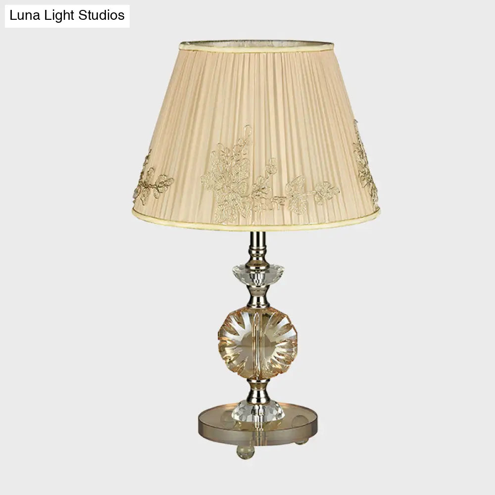 Modern Beige Cone Night Lamp With Flower Design And Fabric Shade - Bedroom Desk Lighting