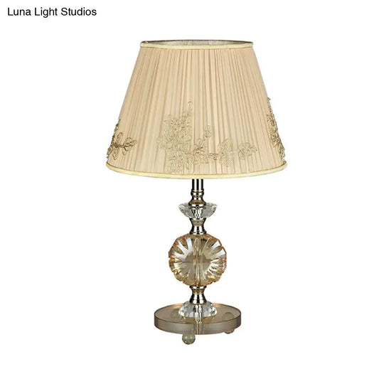 Modern Beige Cone Night Lamp With Flower Design And Fabric Shade - Bedroom Desk Lighting