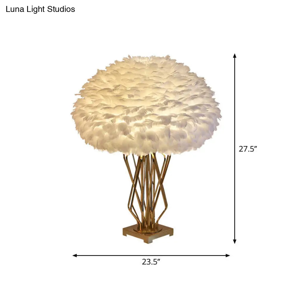 Feather Half-Globe Table Lamp - Post-Modern White Brass Night Light With Open Urn Base