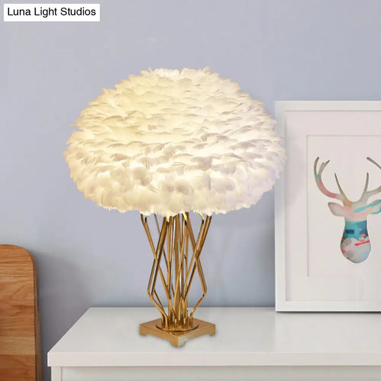 Feather Half-Globe Table Lamp - Post-Modern White Brass Night Light With Open Urn Base