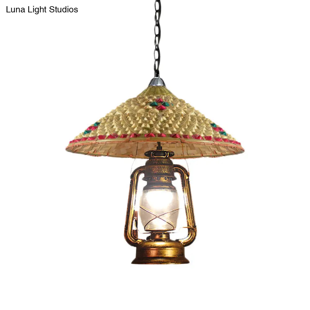 Rattan 1-Head Pendant Light With Lantern Shade | South-East Asia Hat Shaped Indoor Hanging Lamp