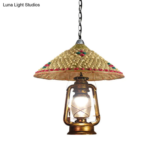 Rattan 1-Head Pendant Light With Lantern Shade | South-East Asia Hat Shaped Indoor Hanging Lamp