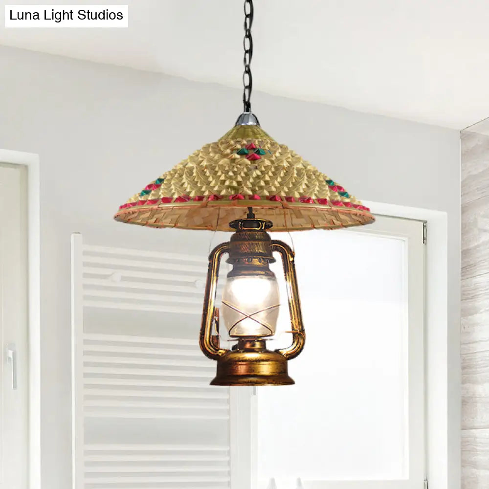 Rattan Hanging Pendant Lamp - South-East Asia Inspired Design With Beige Lantern Shade 15/16.5 Width