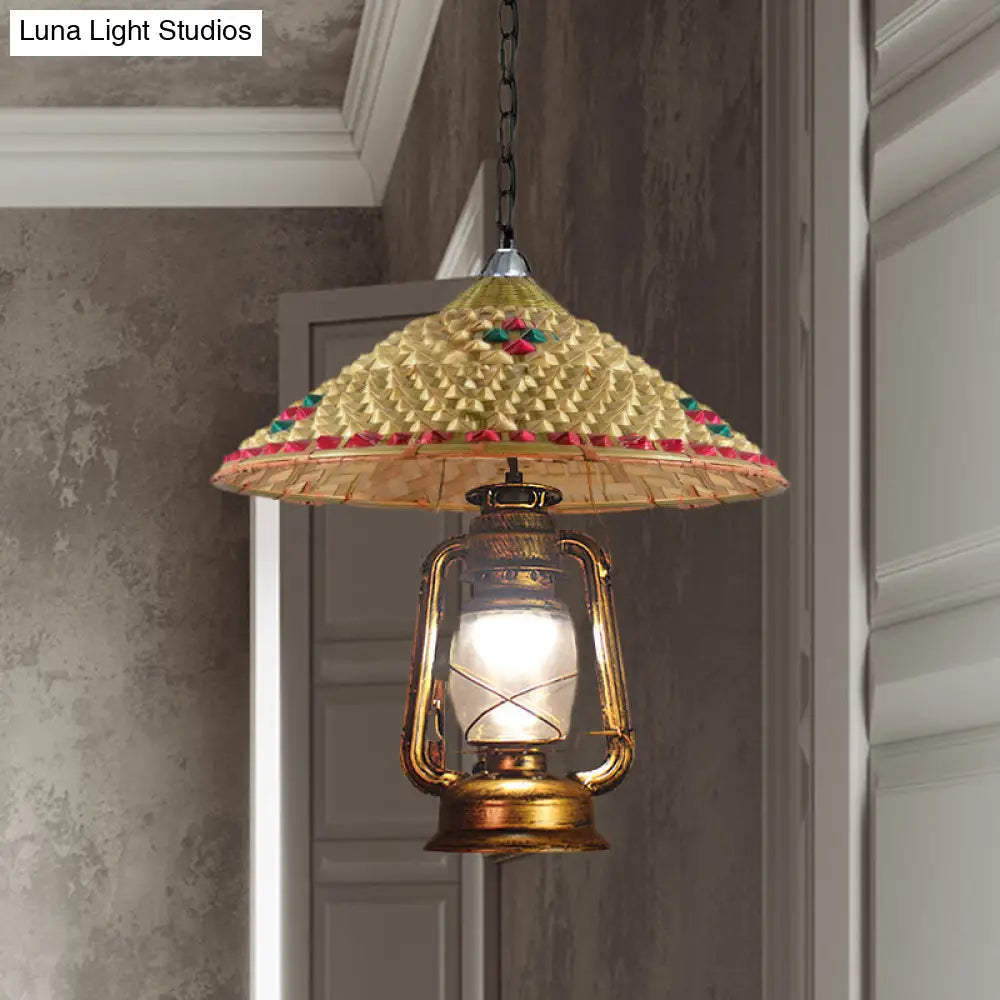 Rattan Hanging Pendant Lamp - South-East Asia Inspired Design With Beige Lantern Shade 15/16.5 Width