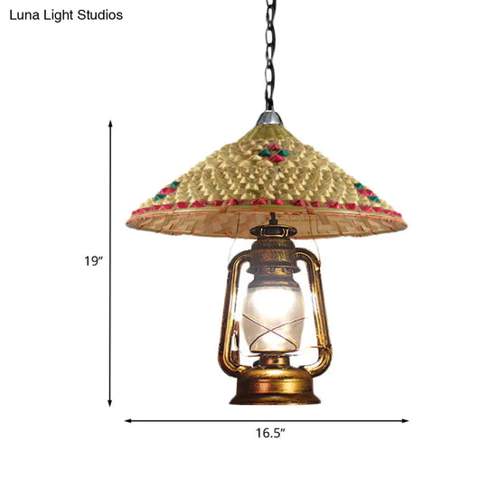 Rattan 1-Head Pendant Light With Lantern Shade | South-East Asia Hat Shaped Indoor Hanging Lamp