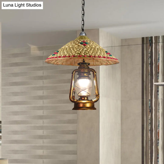 Rattan 1-Head Pendant Light With Lantern Shade | South-East Asia Hat Shaped Indoor Hanging Lamp