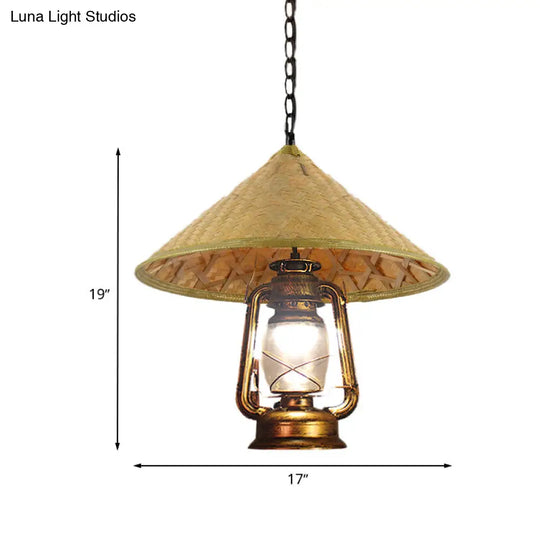 Rattan Hanging Pendant Lamp - South-East Asia Inspired Design With Beige Lantern Shade 15/16.5 Width