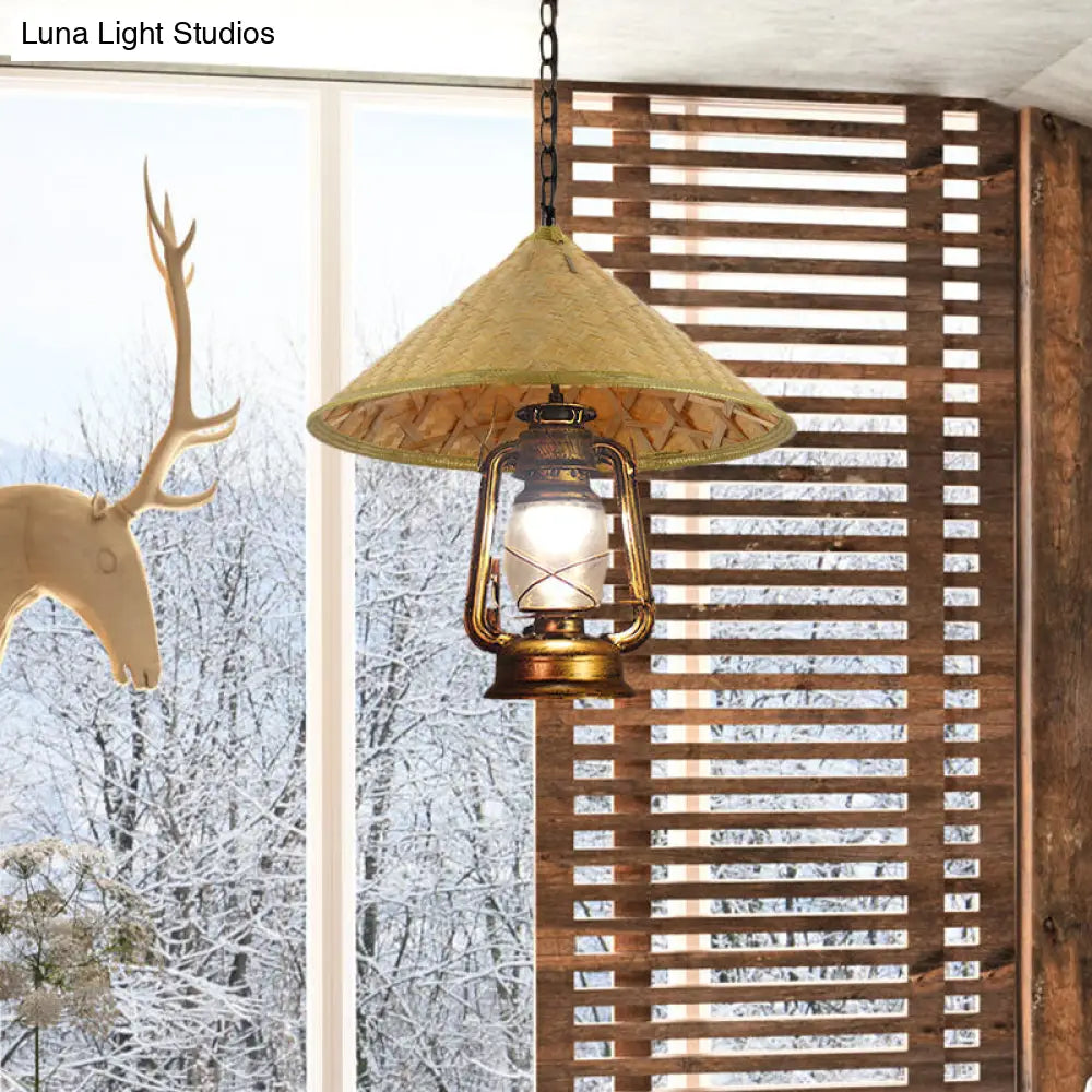 Rattan Hanging Pendant Lamp - South-East Asia Inspired Design With Beige Lantern Shade 15/16.5 Width