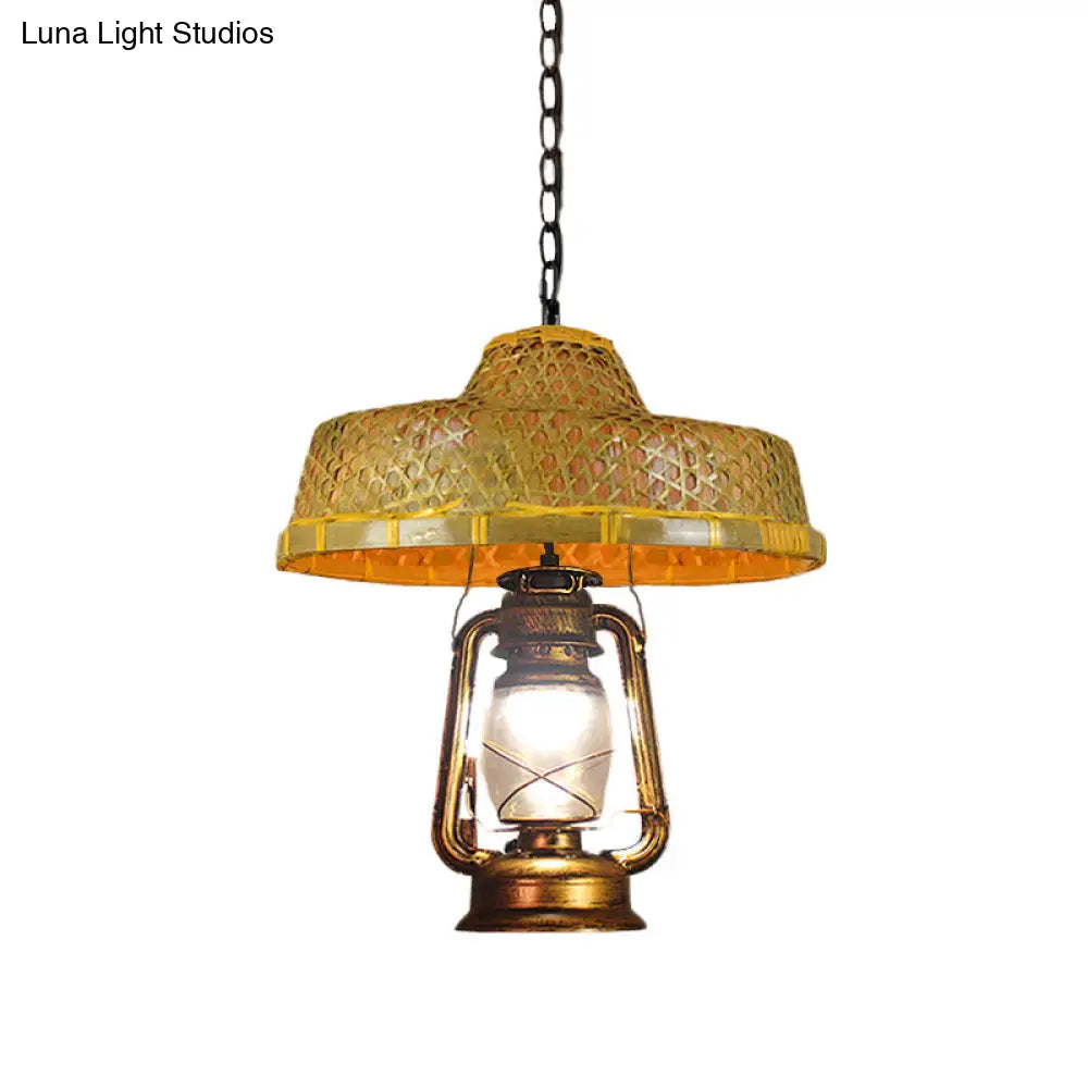 Rattan 1-Head Pendant Light With Lantern Shade | South-East Asia Hat Shaped Indoor Hanging Lamp