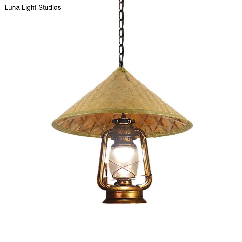 Rattan Hanging Pendant Lamp - South-East Asia Inspired Design With Beige Lantern Shade 15/16.5 Width