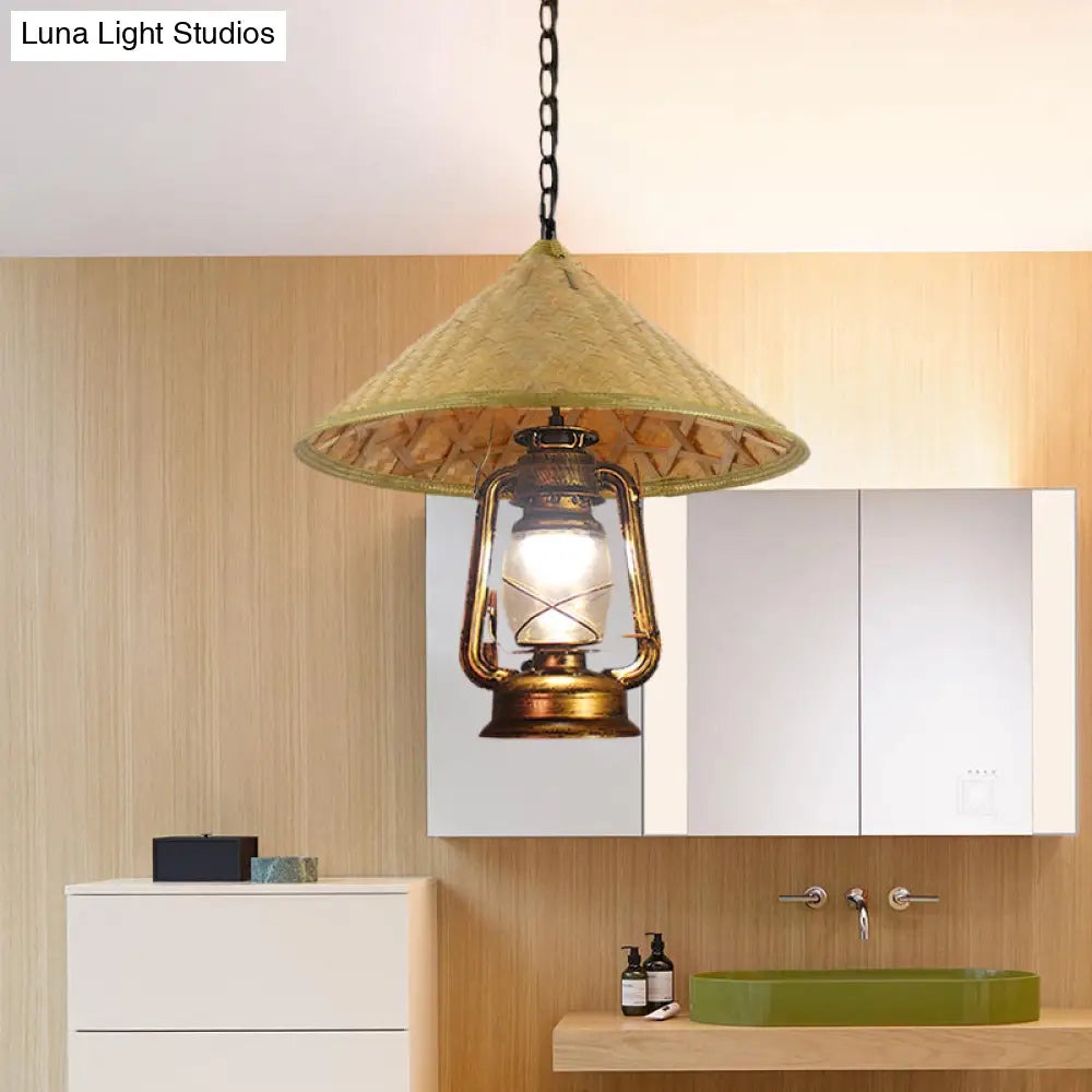 Rattan 1-Head Pendant Light With Lantern Shade | South-East Asia Hat Shaped Indoor Hanging Lamp