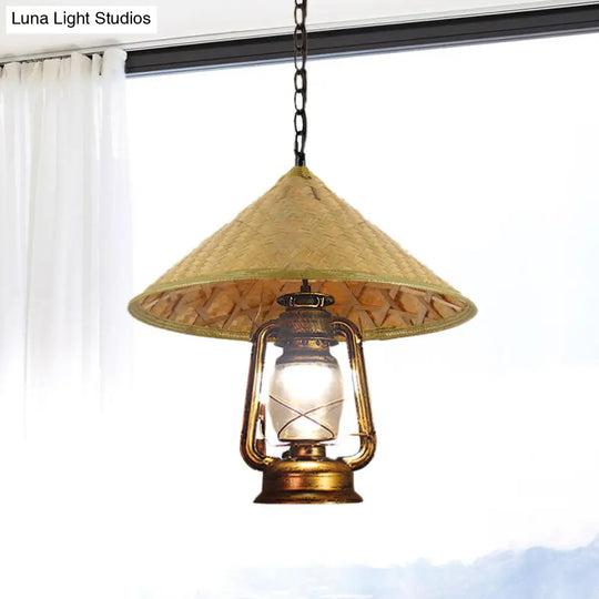 Rattan Hanging Pendant Lamp - South-East Asia Inspired Design With Beige Lantern Shade 15/16.5 Width