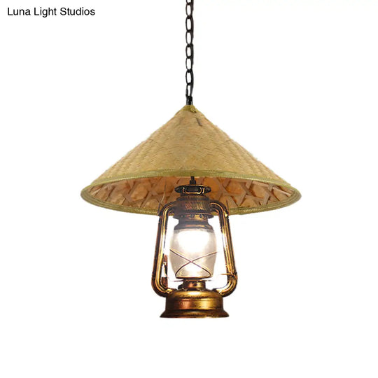 Rattan 1-Head Pendant Light With Lantern Shade | South-East Asia Hat Shaped Indoor Hanging Lamp