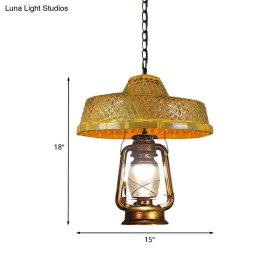 Rattan Hanging Pendant Lamp - South-East Asia Inspired Design With Beige Lantern Shade 15/16.5 Width