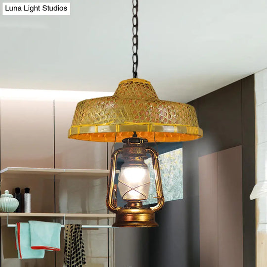 Rattan 1-Head Pendant Light With Lantern Shade | South-East Asia Hat Shaped Indoor Hanging Lamp