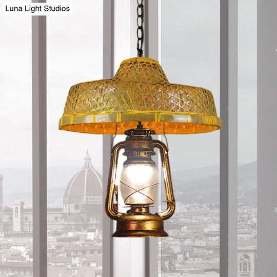 Rattan Hanging Pendant Lamp - South-East Asia Inspired Design With Beige Lantern Shade 15/16.5 Width