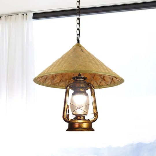 Rattan 1-Head Pendant Light With Lantern Shade | South-East Asia Hat Shaped Indoor Hanging Lamp