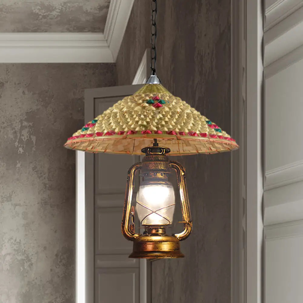 Rattan 1-Head Pendant Light With Lantern Shade | South-East Asia Hat Shaped Indoor Hanging Lamp