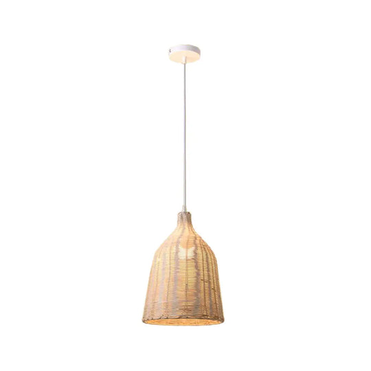 Rattan Ceiling Hang Lamp - Contemporary Cloche Shape 1 Bulb 10’/14’/23.5’ Wide Beige Tearoom / 12’