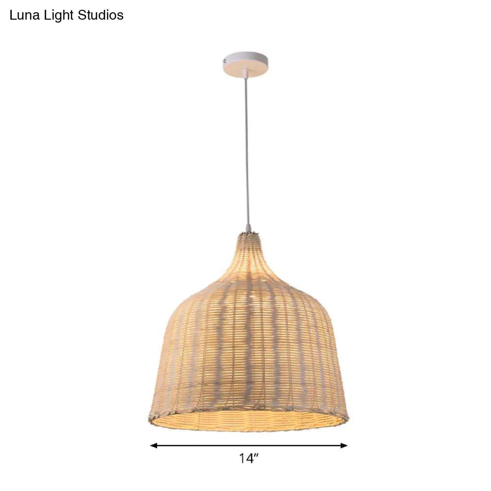 Rattan Ceiling Hang Lamp - Contemporary Cloche Shape 1 Bulb 10’/14’/23.5’ Wide Beige Tearoom