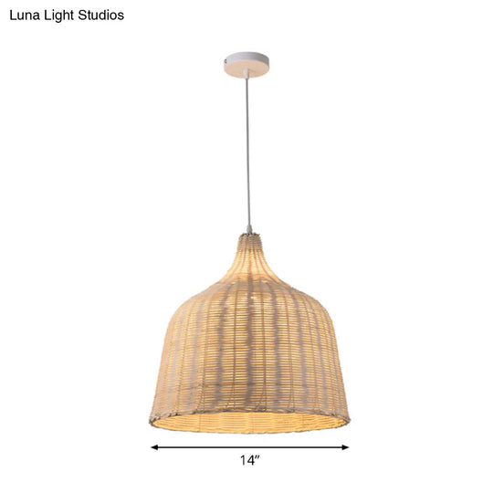 Rattan Ceiling Hang Lamp - Contemporary Cloche Shape 1 Bulb 10’/14’/23.5’ Wide Beige Tearoom