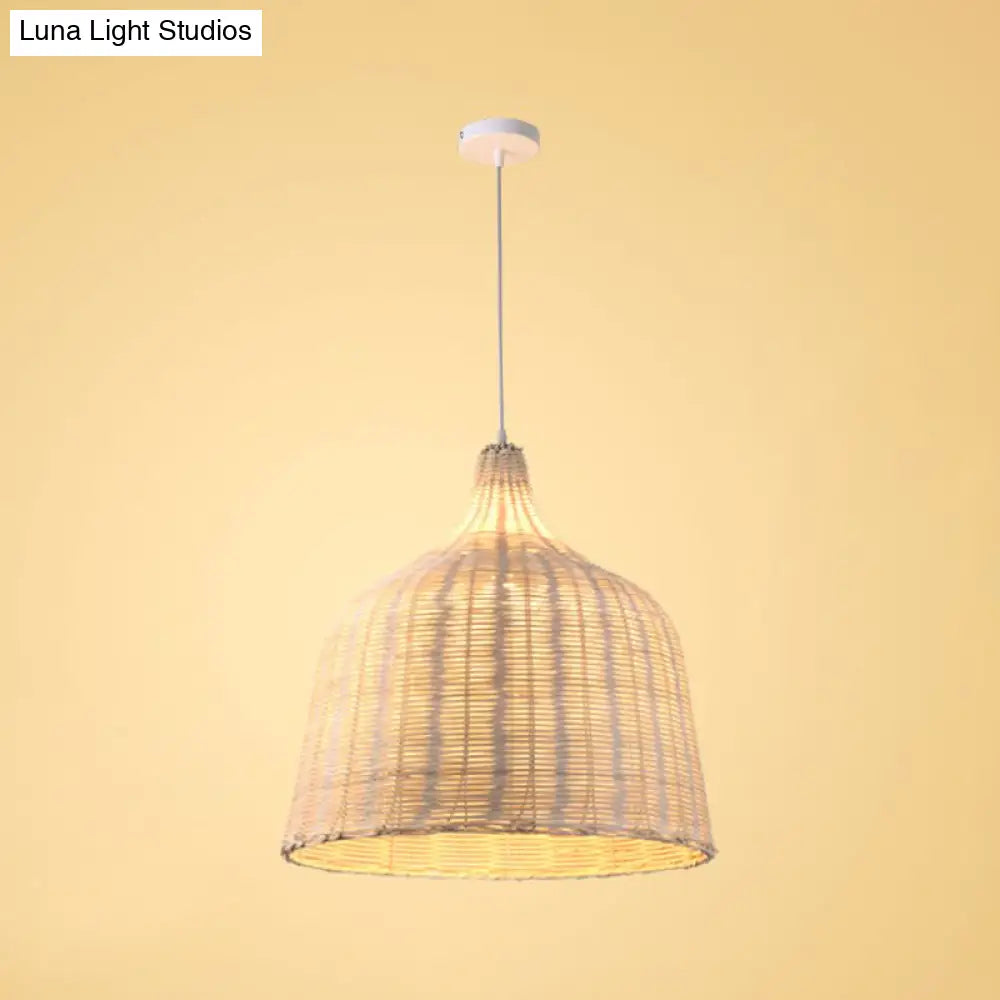 Rattan Ceiling Hang Lamp - Contemporary Cloche Shape 1 Bulb 10’/14’/23.5’ Wide Beige Tearoom