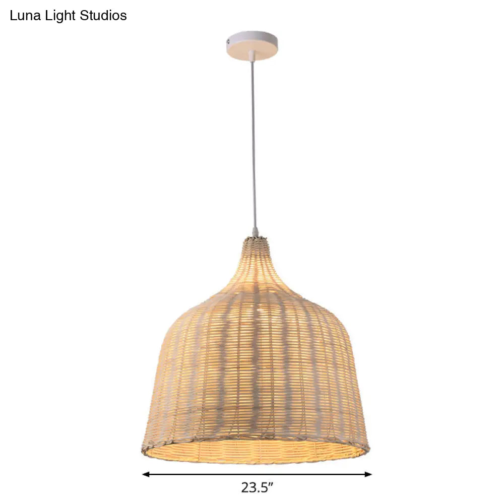 Contemporary Rattan Cloche Pendant Light - Beige 1-Bulb Tearoom Ceiling Lamp (10/14/23.5 Width