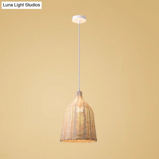 Contemporary Rattan Cloche Pendant Light - Beige 1-Bulb Tearoom Ceiling Lamp (10/14/23.5 Width