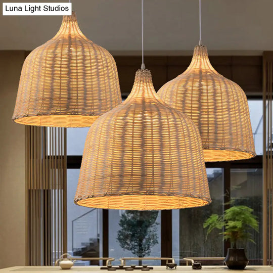 Contemporary Rattan Cloche Pendant Light - Beige 1-Bulb Tearoom Ceiling Lamp (10/14/23.5 Width