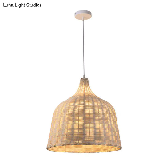 Contemporary Rattan Cloche Pendant Light - Beige 1-Bulb Tearoom Ceiling Lamp (10/14/23.5 Width