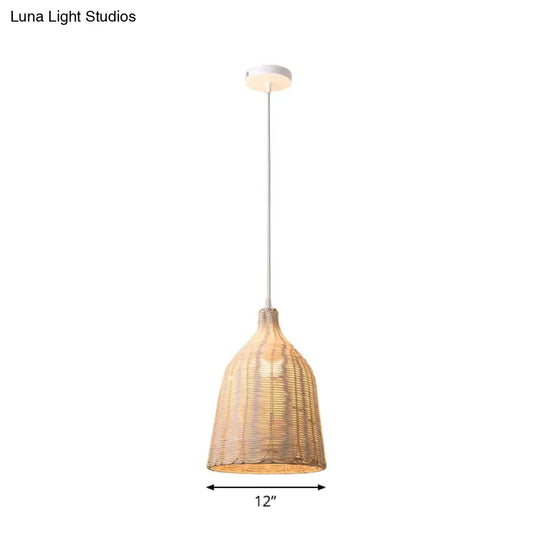 Rattan Ceiling Hang Lamp - Contemporary Cloche Shape 1 Bulb 10’/14’/23.5’ Wide Beige Tearoom