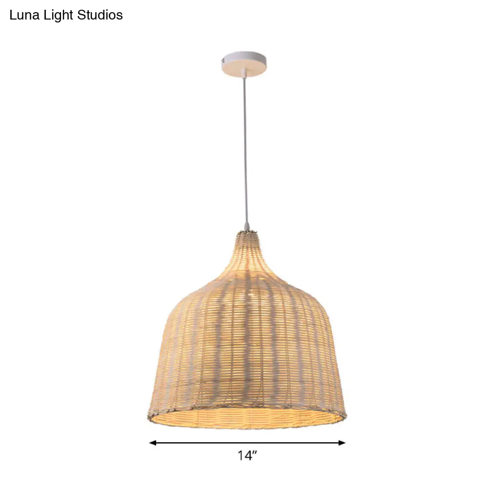 Contemporary Rattan Cloche Pendant Light - Beige 1-Bulb Tearoom Ceiling Lamp (10/14/23.5 Width