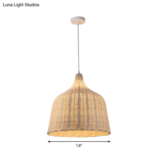Contemporary Rattan Cloche Pendant Light - Beige 1-Bulb Tearoom Ceiling Lamp (10/14/23.5 Width