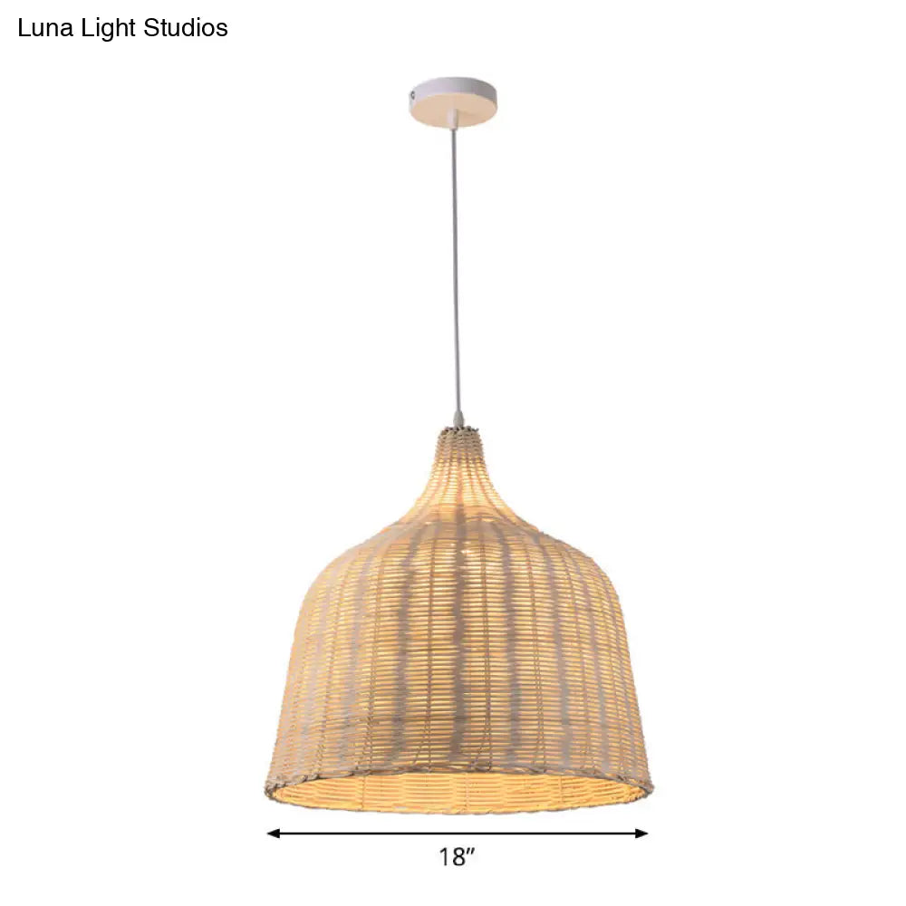 Contemporary Rattan Cloche Pendant Light - Beige 1-Bulb Tearoom Ceiling Lamp (10/14/23.5 Width