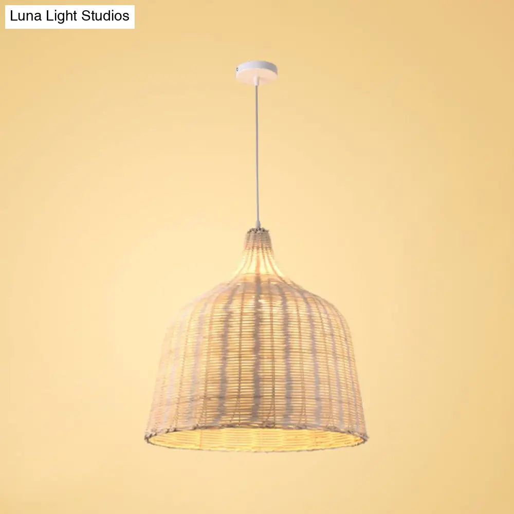 Contemporary Rattan Cloche Pendant Light - Beige 1-Bulb Tearoom Ceiling Lamp (10/14/23.5 Width