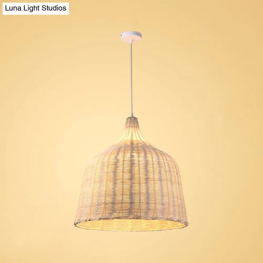 Contemporary Rattan Cloche Pendant Light - Beige 1-Bulb Tearoom Ceiling Lamp (10/14/23.5 Width