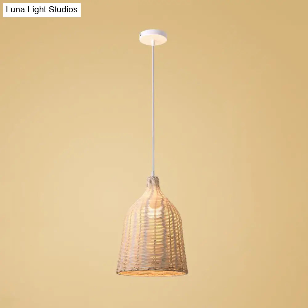 Rattan Ceiling Hang Lamp - Contemporary Cloche Shape 1 Bulb 10’/14’/23.5’ Wide Beige Tearoom