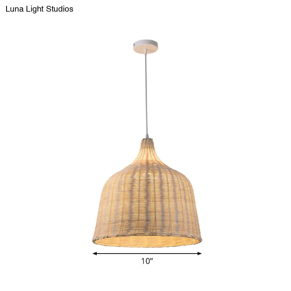 Contemporary Rattan Cloche Pendant Light - Beige 1-Bulb Tearoom Ceiling Lamp (10/14/23.5 Width