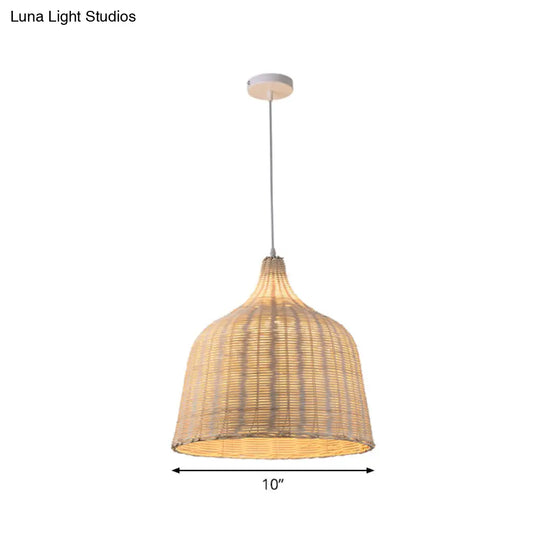 Contemporary Rattan Cloche Pendant Light - Beige 1-Bulb Tearoom Ceiling Lamp (10/14/23.5 Width