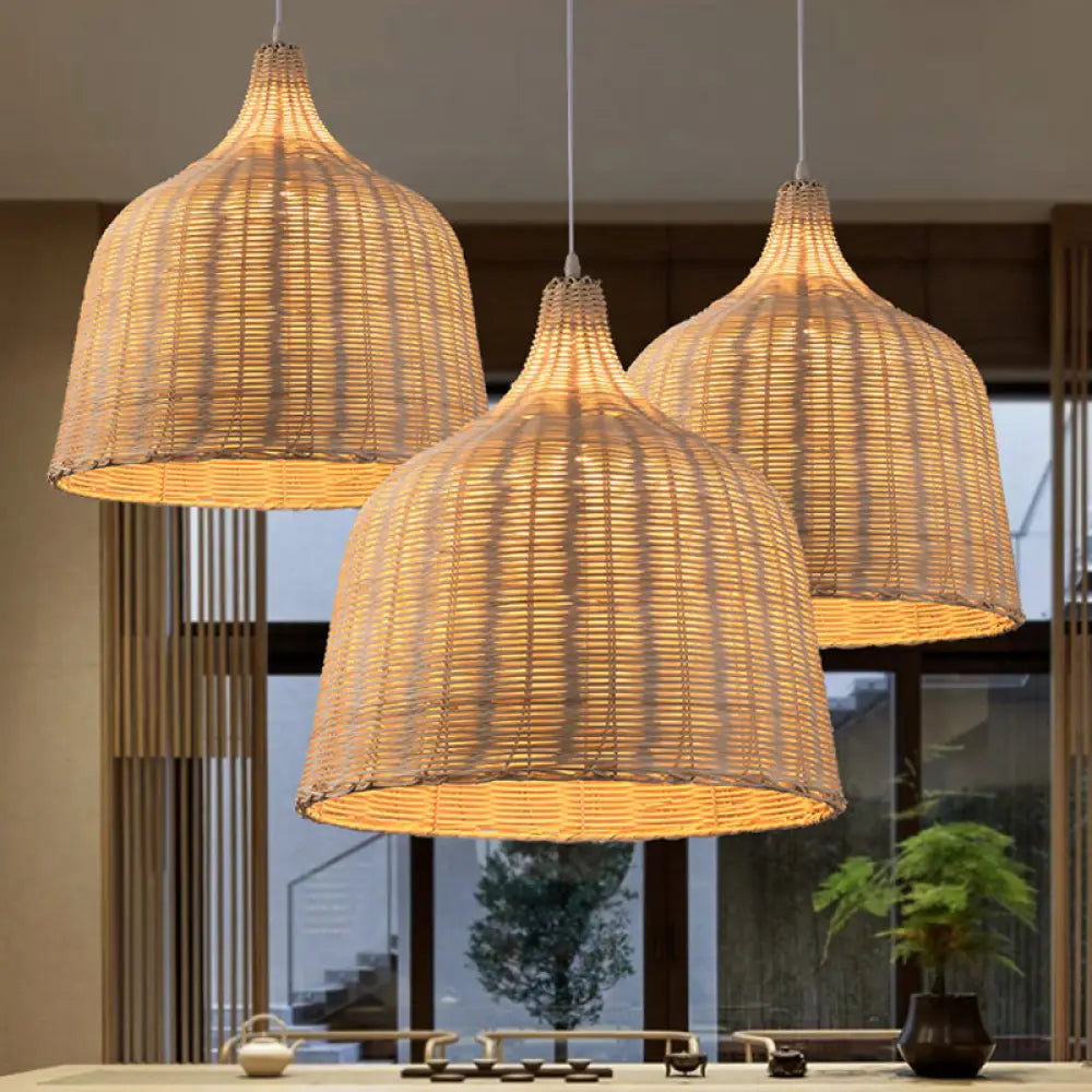 Rattan Ceiling Hang Lamp - Contemporary Cloche Shape 1 Bulb 10’/14’/23.5’ Wide Beige Tearoom / 10’