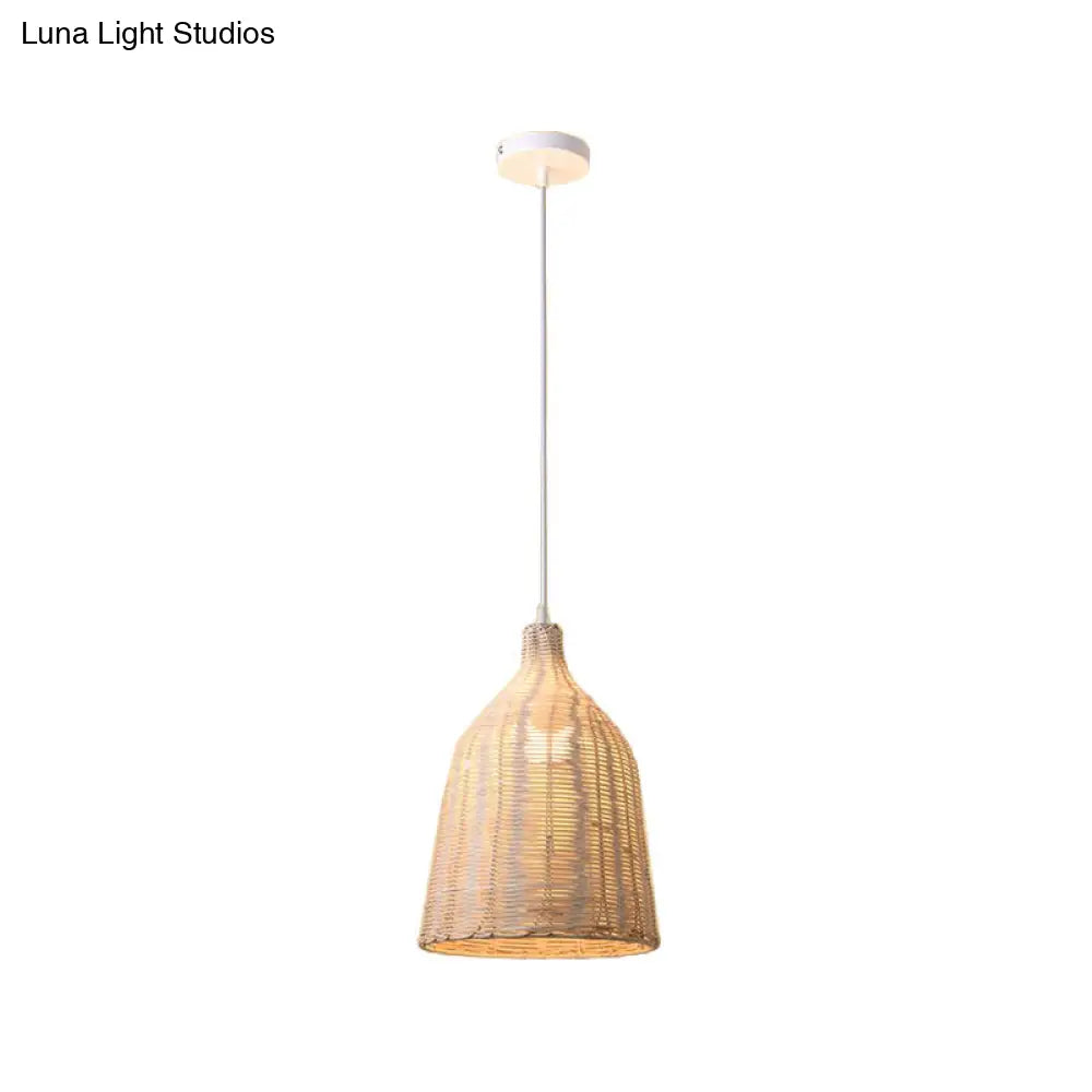 Contemporary Rattan Cloche Pendant Light - Beige 1-Bulb Tearoom Ceiling Lamp (10/14/23.5 Width